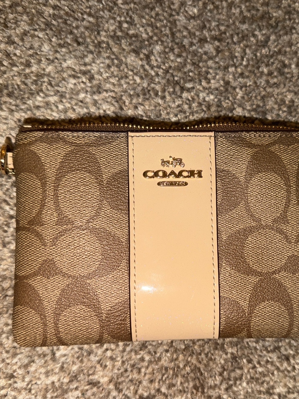Coach Signature Canvas Zip Pouch in Brown and Cream Patent Stripe